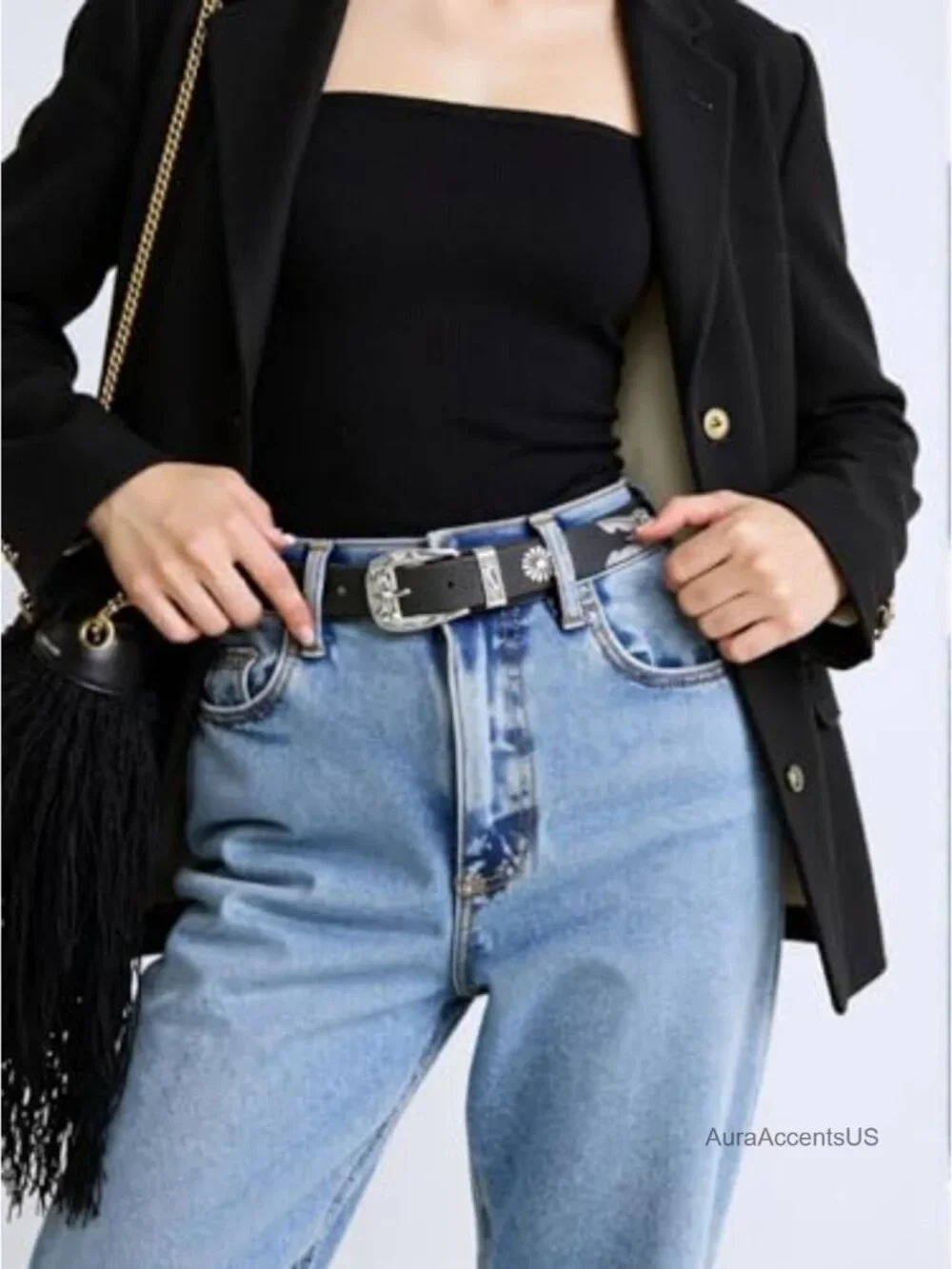 Faux Leather Western Belt with Round Buckle for Women